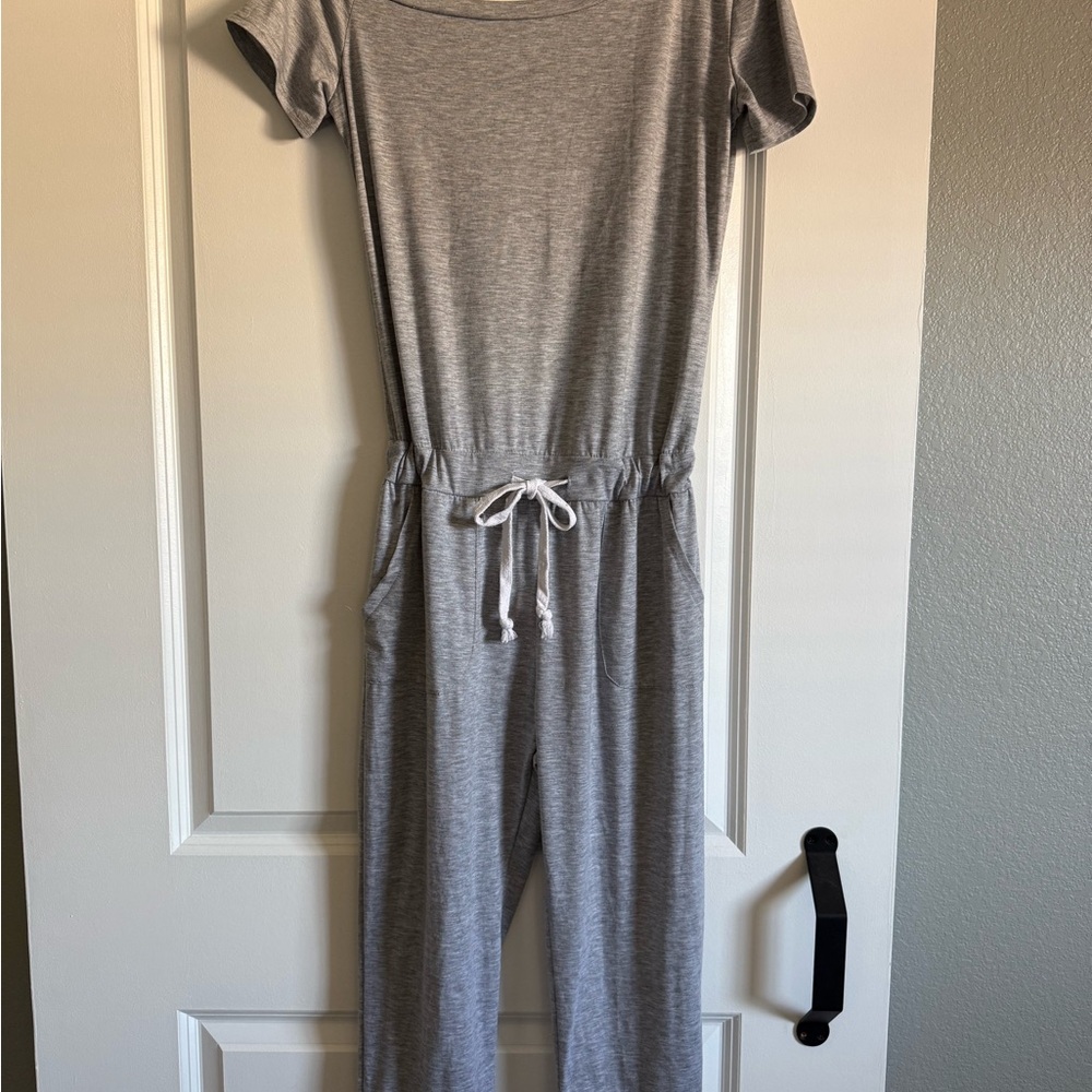 Gray off the shoulder Knit Jumpsuit with Drawstring Waist